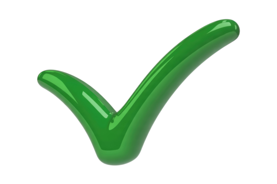 A vibrant, glossy 3D green checkmark symbol, signifying approval, correctness, or completion, rendered with a smooth finish. background removed
