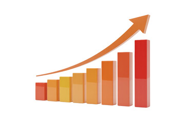 3D bar chart with an upward orange arrow illustrating growth. Visualizes increasing progress, success, and positive trends in data analysis. background removed