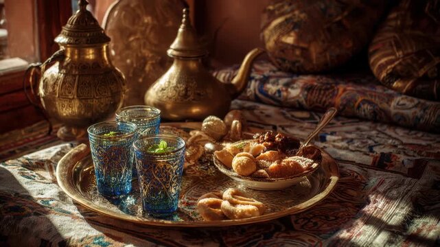 Moroccan family table filled with traditional Maghrebi dishes. The tray contains a variety of food items, including a plate of cookies, a bowl of nuts, and a few pieces of meat. There are also two gla
