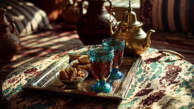 A tray of food and drinks is set on a table. Tea ceremony setup with traditional Moroccan mint tea served in ornate glasses, tray filled with chebakia, makrout, and sellou, brass teapot and patterned 