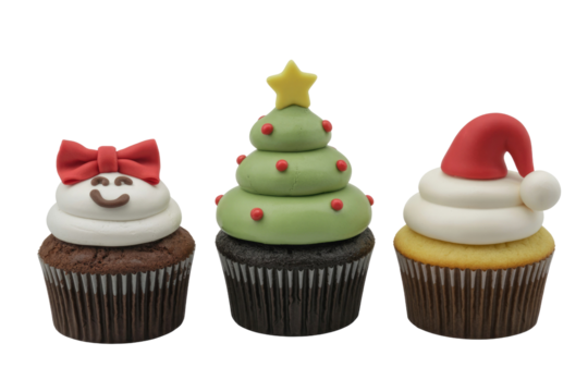 Three delightful holiday cupcakes: a smiley face with a red bow, a festive green Christmas tree with a star, and a classic Santa hat cupcake. background removed - Powered by Adobe