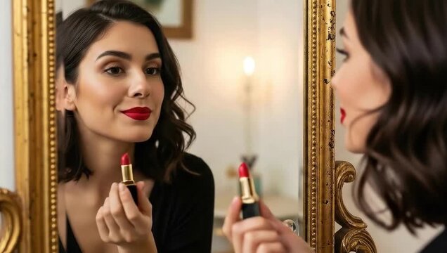 A beautiful young woman applying bright red lipstick in front of a vintage mirror, perfecting her makeup for a special occasion