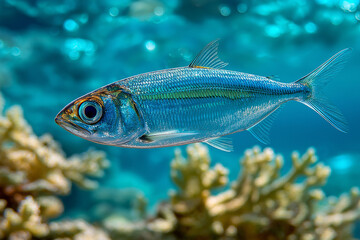 Fototapeta premium Close-up of a single pacific herring swimming gracefully in clear blue ocean water among coral reefs