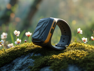 Smartwatch Resting On Moss With White Flowers In Soft Sunlight, Nature Tech Concept. Generative AI