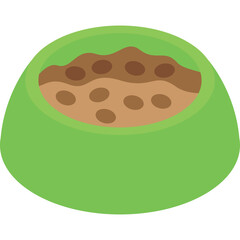 Green pet food bowl filled with brown kibble and clear transparent background suitable for pet care and feeding graphics