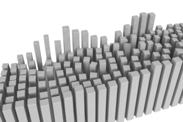 Abstract 3D bar graph with varying grey rectangular pillars on a solid transparent background, suggesting data visualization or an equalizer pattern. background removed