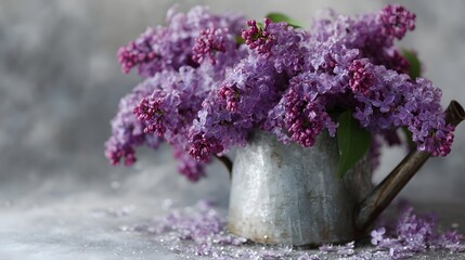 A bouquet of fresh purple lilacs arranged in a rustic vintage watering can against a textured grey background