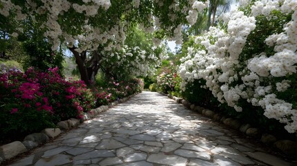 Obraz premium A sun d d stone garden path winds through lush greenery and vibrant blooming flowers creating a serene and picturesque scene