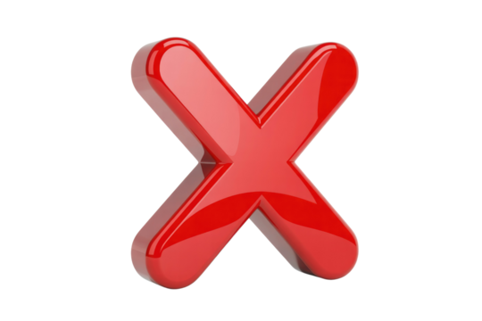 A glossy 3D red X mark, signifying close, cancel, delete, wrong, or error. A vibrant visual for disapproval or removal. background removed