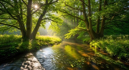 Fototapeta premium Sunlit Stream Through Lush Green Forest - A Tranquil Nature Scene.