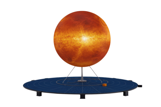 A vibrant orange celestial sphere model, possibly the Sun, resting on a sophisticated blue solar panel base with orbital rings. background removed