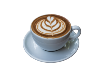 A beautifully crafted latte with intricate heart and leaf art in a white cup and saucer, isolated against a solid transparent background. background removed
