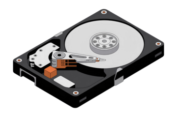 Isometric illustration of an open Hard Disk Drive (HDD), showing platters, read/write head, and actuator arm. Essential computer storage. background removed