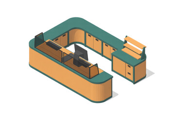 Isometric illustration of a modern U-shaped service counter with monitors, cash registers, and display shelves, featuring an orange and teal color scheme. background removed