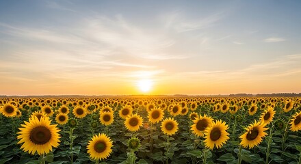 Obraz premium Sunflower Field at Sunset - A Golden Horizon of Blooms.
