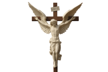 A white, winged statue, resembling an angel or Christ, affixed to a wooden cross with a 'BUN II 03' sign, on a transparent background. background removed