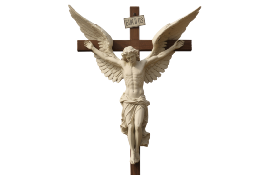 A white, winged statue, resembling an angel or Christ, affixed to a wooden cross with a 'BUN II 03' sign, on a transparent background. background removed