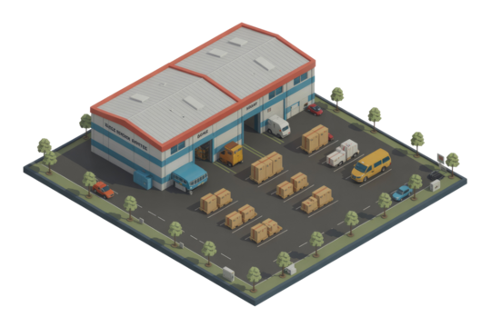 Isometric low-poly illustration of a busy logistics center or warehouse with delivery vehicles, numerous cargo pallets, and surrounding trees. background removed