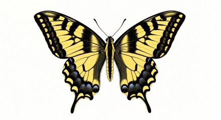 Fototapeta premium Vibrant Yellow and Black Butterfly Scientific Illustration on White