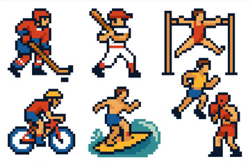 8 pixel art characters in 8-bit style on a white background. Theme — various sports in a retro gaming format.