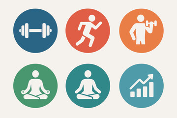 Fototapeta premium A set of 6 minimalist round icons in flat design style with white silhouettes on colored backgrounds. Each icon symbolizes an element of a healthy lifestyle.