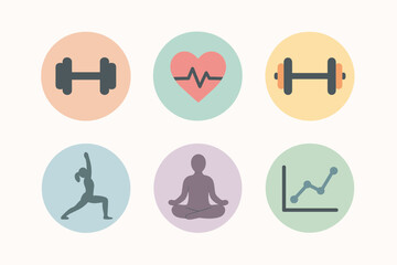 Fototapeta premium A set of 6 minimalist icons in flat design style, placed in pastel circles. Each icon symbolizes an aspect of a healthy lifestyle.