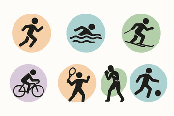 7 colored circles with black silhouette flat icons. Theme: various sports and physical activities.