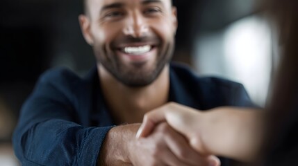 A smiling man and another person engage in a handshake symbolizing a successful business agreement and partnership