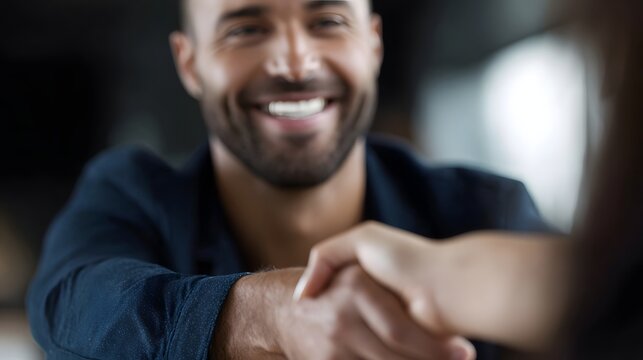 A smiling man and another person engage in a handshake symbolizing a successful business agreement and partnership