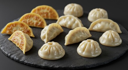 Assorted dumplings on a dark slate board in a studio shot