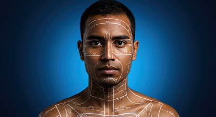 Young man with acupuncture meridians on face and upper body