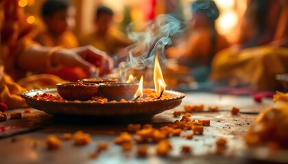 Close-up of a traditional thali with clay diyas, traditional sweets, and swirling incense smoke, rendered in golden tones, with a blurred background of a family gathering during a puja