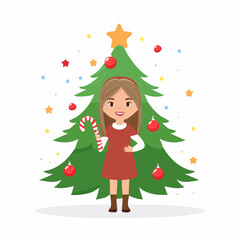Girl with candy cane and Christmas tree