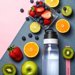 Healthy lifestyle essentials featuring fruits, water bottle, and fitness tracker on a colorful background
