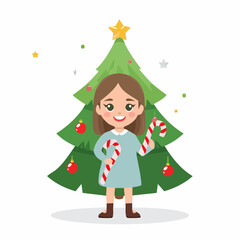 Girl with candy canes standing by Christmas tree