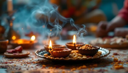 Close-up of a traditional thali with clay diyas, traditional sweets, and swirling incense smoke, rendered in golden tones, with a blurred background of a family gathering during a puja