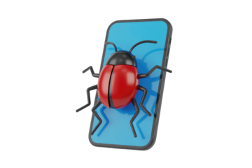 A 3D render of a red bug crawling on a blue smartphone screen, symbolizing a software bug, virus, or malware infection. background removed