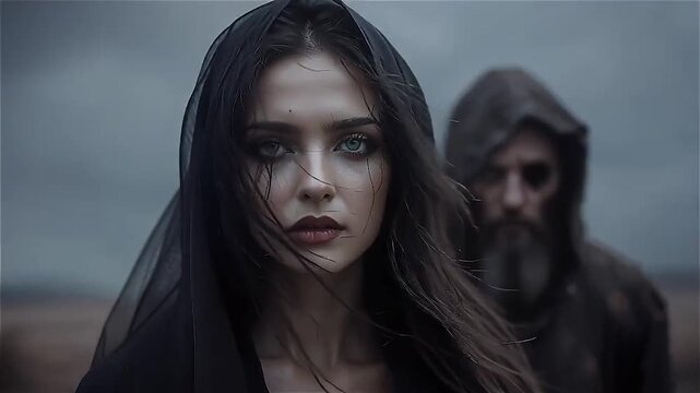 Mystical people in another hellish world. A creepy horror fantasy video clip. A frightening atmosphere.