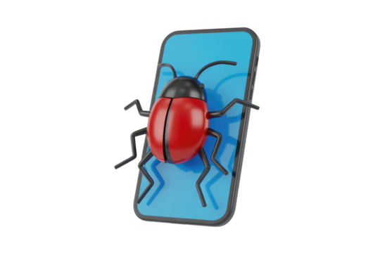 A 3D render of a red bug crawling on a blue smartphone screen, symbolizing a software bug, virus, or malware infection. background removed