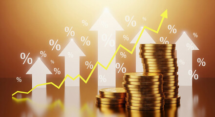 Financial growth concept with golden coins, percentage signs, and upward arrows showing a positive trend in the economy and investment