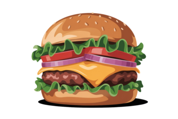 A vibrant cartoon cheeseburger featuring a sesame seed bun, crisp lettuce, red tomato, onion, melted cheese, and a beef patty. background removed