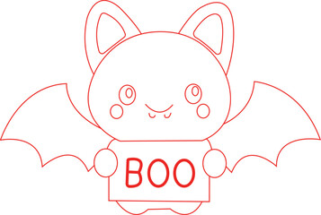 Cute Kawaii Bat with BOO Sign — Adorable Halloween Cartoon Character, Funny Flying Bat Line Art Vector