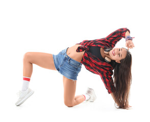 Beautiful hip-hop dancer on white background