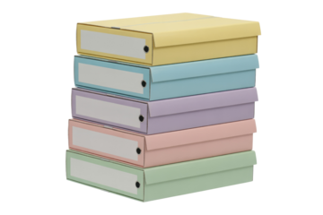 A neat stack of six pastel-colored file boxes, each with a label holder and metal pull ring, for organized storage. Isolated. background removed