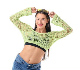 Beautiful hip-hop dancer on white background