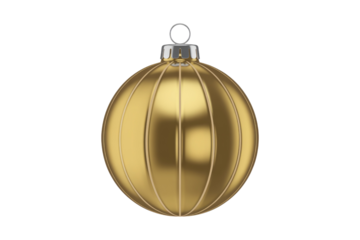 A single, elegant gold ribbed Christmas ornament with a silver cap and hanging loop, isolated on a deep transparent background. background removed