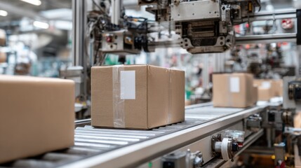 Naklejka premium Automated Sorting System in Modern Warehouse with Cardboard Boxes Moving on Conveyor Belt and Robotic Arm Handling Packages Efficiently