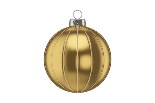 A single, elegant gold ribbed Christmas ornament with a silver cap and hanging loop, isolated on a deep transparent background. background removed