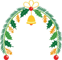 Festive Holiday Arch Garland with Holly Leaves Pine Needles Golden Leaves Red Berries Bell Decoration Vector Art