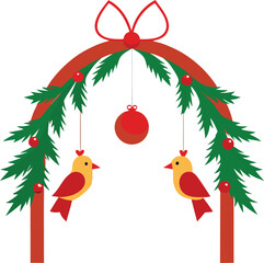 Winter Holiday Arch Design with Evergreen Garland Red Ribbons Berries Ornaments and Two Sweet Birds